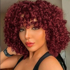 quesdom Short Curly Wigs Burgundy Afro Curly Soft Hair Wig Synthetic Fiber Kinky African American Wig with Bangs for Black Women(39A,Burgundy)