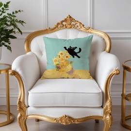 Fuasei Floral Black Cat Pillow Covers 18x18, Cats Lovers Mom Grandma Gifts for Mother's Day, Funny Van Gogh Sunflower Black Cat Art Pillow Covers for Home Bedroom Living Room Office Decor