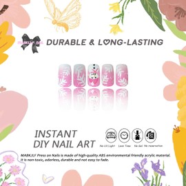 Christmas Press on Nails Medium Square MABKJLF Winter Fake Nails Pink & White Gradient False Nails with Designs Snowman Snowflake Glossy Glue on Nails Xmas Acrylic Nails for Women Girls 24 Pcs