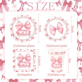 OTTPOOM 100 Pcs Pink Bow Birthday Decorations Coquette Birthday Party Decorations Bow Themed Paper Plates Napkins Cups Party Tableware Supplies Pink Bow Birthday Party Decor, Serves 25