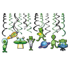 30CT Alien Hanging Swirl Party Decorations, UFO Theme Party Supplies Foil Swirl Ceiling Hanging Decor for Birthday Party Decorations, Green Alien Outer Space Saucer Party Decor for Kids Birthday Party
