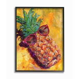 The Stupell Home Décor Collection Warm Yellow Pineapple with Sunglasses on The Beach Painting Framed Giclee Texturized Art, 11 x 14, Multi-Color