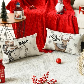 Artoid Mode Snowman Reindeer Snowflakes Christmas Cushion Covers Set of 2 30 x 50 cm Chrisrmas Xmas Decorative Cushion Cover Couch Decoration