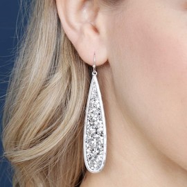Glitter Rhinestone Statement Drop Earrings - Sparkly Crystal Geometric Metal Hook Dangles Vertical Bar, Elongated Teardrop, Shield Disc (Encrusted Jewel - Teardrop Clear/Silver)