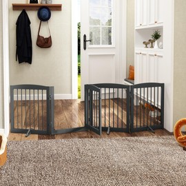 PUPETPO Freestanding Dog Gate with Door, Pet Gate for Stairs, 80 inch Wide Pet Barrier Indoor, Dog Fences Indoor, Support Feet Included, 4 Panels, 24" Tall, Grey