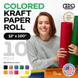 12" x 1200" (100 ft) Set of 10 Colored Kraft Paper Rolls – USA-Made Quality Craft Paper for Gift Wrapping, Kids' Arts & Crafts, School Projects, DIY – Natural Material, 50lb Thickness by IDL Packaging