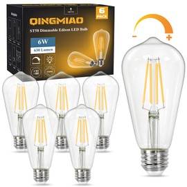 Qingmiao Vintage LED Edison Bulbs, ST58 Dimmable 6W E26 LED Bulb 60W Equivalent, 3000K Soft White Led Light Bulbs, Antique LED Filament Bulbs, CRI 80+, Flicker Free, No Glare, Clear Glass, Pack of 6