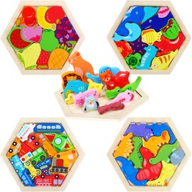 5 Pack Wooden Hexagon Puzzle for Kid Shape Pattern Block Brain Teaser Puzzles Wood Block Puzzle Geometric Tangram Puzzle Hexagon Wooden Puzzle for Jigsaw 3D Logic IQ Game Gift (Cute)