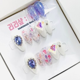 Purple ice mother-of-pearl handmade nail tips - Square / 보랏빛 얼음자개 수제네일팁 - 스퀘어