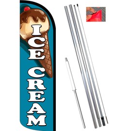 Ice Cream (Teal) Premium Windless Feather Flag Bundle (11.5' Tall Flag, 15' Tall Flagpole, Ground Mount Stake) Printed in The USA 841098152833