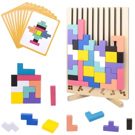 Wooden Stacking Puzzle Toy, Wooden Blocks Tangram Jigsaw Puzzle Toys for Kids Boys Girls, Intelligence Colorful 3D Blocks with 10 Cards Building Games, Stress Relief Toys Gifts