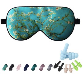 LaCourse 100% Natural Mulberry Silk Eye Mask for Sleeping with 4Pair EarPlugs & Travel Pouch, Both Sides 19 Momme Organic Silk, Adjustable Silk Sleep Eye Mask for Women, Green-Floral