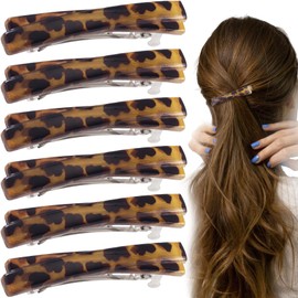 STSTR 6PCS French Barrette Hair Clips for Women, 2.56 Inch Small Tortoise Shell Hair Clip, Curved Glossy Thin Flat Hairstyles Accessories for Women - Leopard Color, Crossed Style
