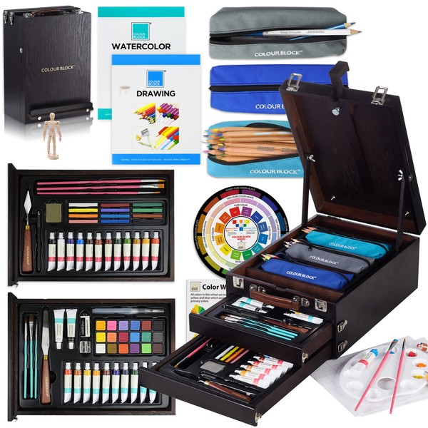 COLOUR BLOCK 152 pc Wooden Easel Mixed Media Art Supplies Artist Painting and Drawing Kit, Adult Art Set with Acrylic Paint and Pencils, Sketch Book & Watercolor Paints, Professional Boxed Art Sets