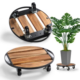 2 Pack Plant Stand with Wheels, 14" Rolling Plant Caddy 264 LB Heavy Duty, Iron and Wood Round Plant Dolly with Metal 360° Lockable Caster Wheels for Outdoor Indoor Large Plant Pots, Flower Pot, Patio