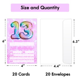 Let's Party 13th Birthday Party Invitation Cards for Boys Girls Teen Pink and Glitter Balloons Invitations 20 Fill-in Invites with Envelopes Birthday Celebration Favor Supplies Decoration- YT134