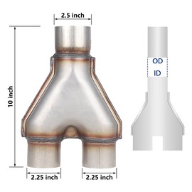LCGP Stainless Steel Y Pipe 2.5 Inch ID Single to 2.25'' Inch ID Dual Exhaust Adapter Connector 10" Overall Length