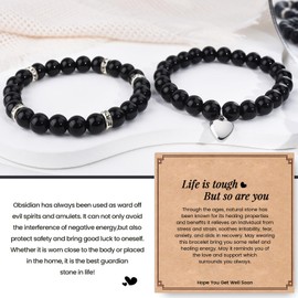 CheersLife 2Pcs Inspirational Gifts Bracelets for Women Girls Teen Friendship Gifts Thinking of You Black Obsidian Beaded Bracelets Get Well Soon Gifts Encouragement Card Life Is Tough But So Are You