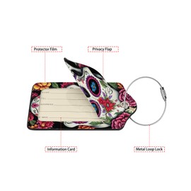 Skull Flower Diamond Art Luggage Tags for Suitcases,2 Pack Luggage Tag, Leather Stainless Steel Loop Label Tag for Women Girl Travel Bag Suitcase