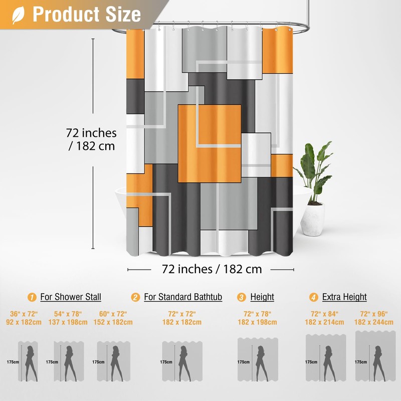 BTTN Orange Fabric Shower Curtain, Modern Geometric Neutral Cloth Shower