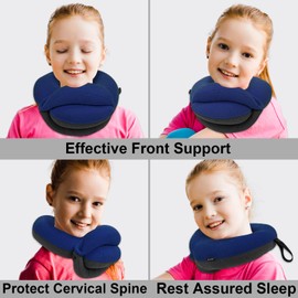 BUYUE Kids Travel Pillows for Airplane, 360° Head Support Sleeping Essentials for Boys Long Flight, Skin-Friendly Soft Neck Pillow for Traveling in Car Seat, (Small, Blue Grey, 40-90 lbs)