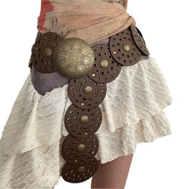 ZARSIO Women Wide Boho Disc PU Leather Belt Western Style Vintage Soft Belt