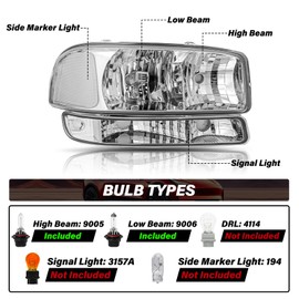 Bingbingmotor BRYGHT 4PCS Headlight Assembly Fits for 1999-2006 GMC Sierra 1500 2500HD 3500HD, 99-06 Yukon, 00-06 Yukon XL 1500 2500 Replacement Pair Set Black Housing & Clear Reflector with Bulbs