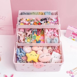 Caja de almacenamiento de accesorios para el cabello, Organizador de accesorios para el cabello para niñas - Caja de almacenamiento de joyas para niños de 3 capas | Soporte para lazos para el pelo par