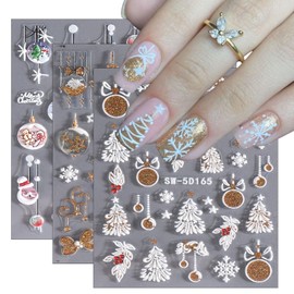 3 Sheets Christmas Nail Art Stickers 5D Embossed Snowflake Elk Nail Stickers Self-Adhesive Gold Glitters Bow Nail Design Sticker Cute Bear Bells Snowman Nail Art Supplies for Women Nail Decoration