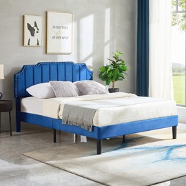 VECELO Full Size Upholstered Platform Bed Frame with Tufted Adjustable Headboard/Mattress Foundation/Wood Slat Support,Easy Assembly,Navy Blue