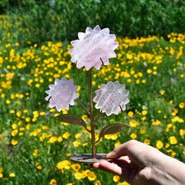JIC Gem Large Rose Quartz Crystal Sunflower Healing Stones Pink Crystal Slices Carved Crystal Flower on Stand Decor Chakra Balancing Crystal Collection