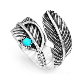 Caiyao Simple Open Wrap Feather Turquoise Ring Boho Wide Nature Ring Vintage Adjustable Silver Turquoise Feather Ring for Women Men Party Jewelry-Style A
