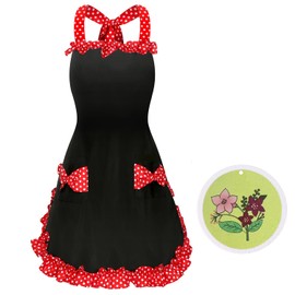 GAGOTE Cute Aprons for women, Ladies Lovely Vintage Kitchen Apron with Pockets for Mothers Day Gift (Red Ruffles - 1 Pcs)