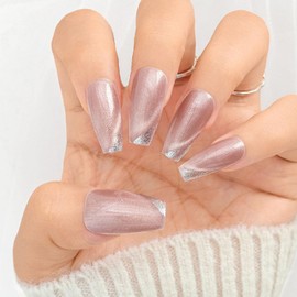 Sethexy Pink Cat's Eye Press-On Nails Long Ballerina Handmade Glitter Colour Gradient False Nails Shiny Acrylic Simple False Nails Salon Quality for Women and Girls 20 Pieces (B)