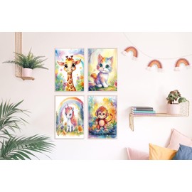 Dreamy Doodles® Poster Set of 4 DIN A4 without Frame Cute Animal World Pictures Children's Room Premium Wall Picture Decoration Unicorn Giraffe Monkey Cat Baby Room Decoration Children's Motifs