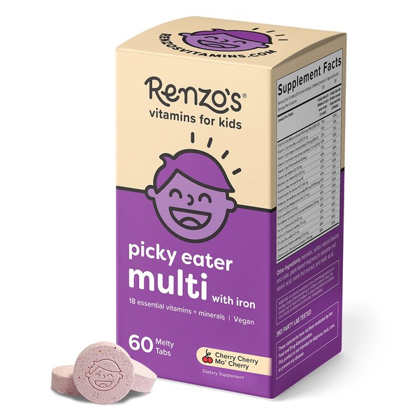 Renzo's Picky Eater Kids Multivitamin with Iron - Dissolving Kids Vitamins with Vitamin D3 & K2 and More - 60 Sugar-Free Melty Tabs, Cherry Cherry Mo’ Cherry Flavored
