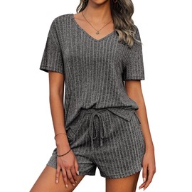 Ekouaer Women's Short V-Neck Casual Leisure Suit Ribbed Holiday Pyjamas Set S-XXL, gray