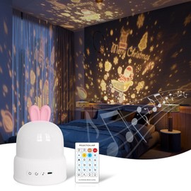 Bunny Night Light, Cute LED Lamp with Remote, Silicone Nursery Night Light for Kids, Slicone Rechargeable Bedside Lamp with 8 Themes and 8 Chimes, Funny Rotatable Decor for Kids, Pink