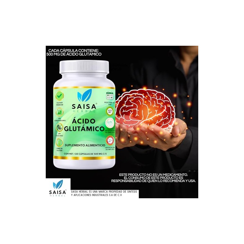 SAISA HERBAL Ácido Glutámico 100% Puro,120 Cápsulas | Suplemento para