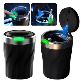 PLLYPE Car Ashtray with Lid, Pack of 2 Ashtrays with LED Light, Portable Stainless Steel Vehicle Smokeless Ashtray, with Luminous Opening Button, for Car, Home, Office, Camping, Outdoors