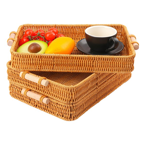 Geytetqi 3 Pack 13.8 x 9.8 inch Rectangle Rattan Tray,