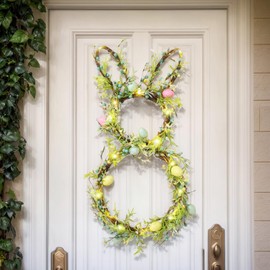 AOMOONOA Easter Bunny Spring Wreath for Front Door, Lighted Easter Wreaths with Timer and 30 LED Warm Lights, Foldable Bunny Wreaths with Eggs, Twigs and Berries, Pre-Lit Wreath for Spring Decor