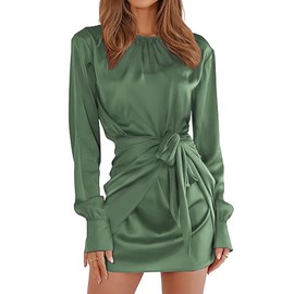 G&Y Women's Satin Tie Waist Mini Dresses - Long Sleeve Solid Party Short Dresses(Army Green,M)