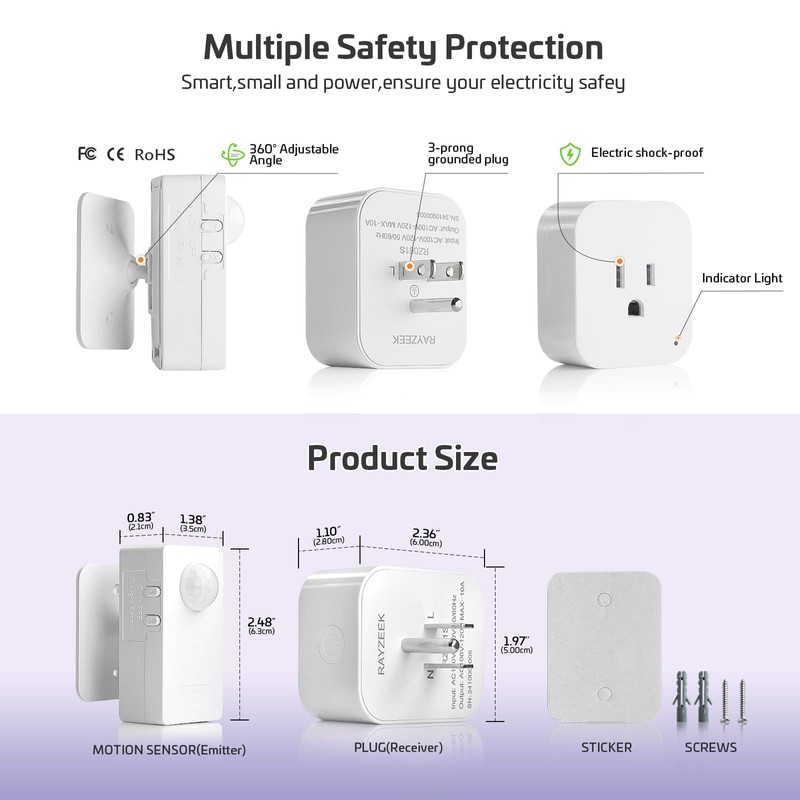 RAYZEEK Wireless Motion Sensor Plug Kits,No-Wire Mini PIR Sensor Switch