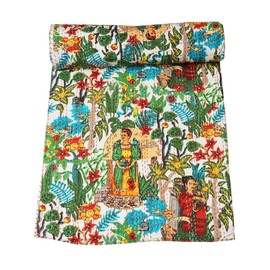 Marubhumi Indian Traditional Farida Design Pure Cotton Kantha Quilt Indian Cotton Bedding Bedspread (White, Queen (90"x 108"))