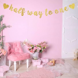 QYCX Half Way to One Banner 6 Months Birthday Party Decorations 6 Months Birthday Banner Gold Giltter Happy 1/2 Birthday Banner for 6 Months Birthday Decorations Girls 6 Months Birthday Party Supplies