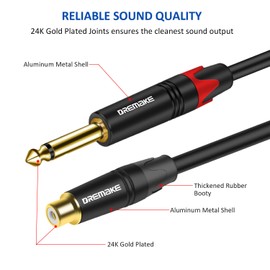 DREMAKE 2 x 6.35mm to 2 x RCA Audio Extension Cable 6FT, Dual 1/4 Inch(6.35mm) TS Male to Dual RCA Female Adapter Cord, 2 x TS 1/4'' to 2RCA Stereo Interconnect Cable for AV Receiver Amplifier - 2M