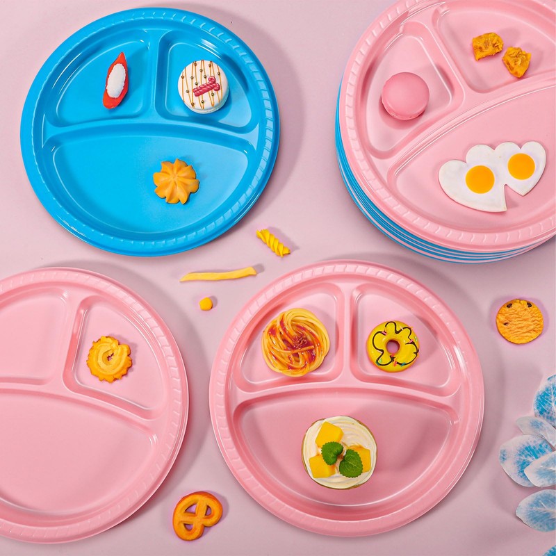 Whaline 100Pcs 10 Inch 3 Compartment Divided Plates Plastic Disposable