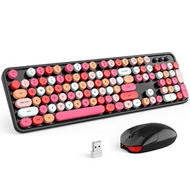 Wireless Keyboard and Mouse Combo, Black Colorful Retro 2.4GHz Typewriter Keyboard with Cute Round Keycaps, DPI Adjustable Optical Wireless Mouse Compatible with PC Laptop