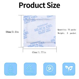 Silica Gel Bags, Silica Gel Desiccant Silica Gel Bags, Vacuum Silica Gel Packs, Silica Gel Sachets for Electronics Clothing Drawers Shoe Dehumidifier Cabinet Dehumidifier Pack of 75 x 5 g